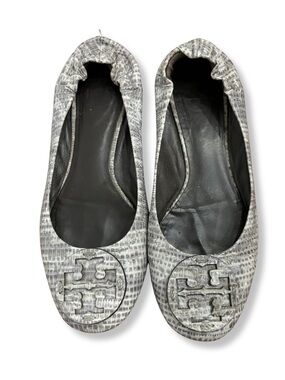 Tory Burch Reva Ballet Flats Gray Snakeskin Print Leather Flats